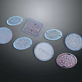 Various Decorative Manhole Covers With Different Shapes And Metallic Patterns