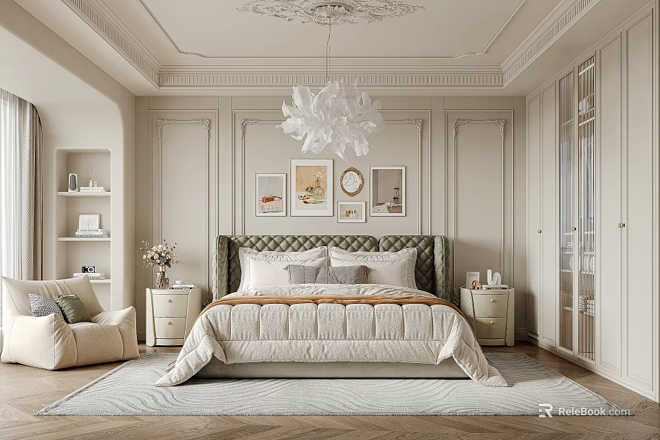 Elegant Bedroom Interior With Decorative Ceiling Chandelier Green Headboard Pillows Nightstands And Rug 3d model 