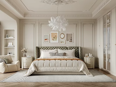 Elegant Bedroom Interior With Decorative Ceiling Chandelier Green Headboard Pillows Nightstands And Rug 3d model