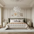 Elegant Bedroom Interior With Decorative Ceiling Chandelier Green Headboard Pillows Nightstands And Rug