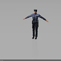 Policeman in Blue Uniform Standing with Arms Outstretched on Gray Background