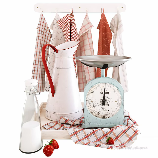 Vintage Kitchenware Display With Blue Scale White Watering Can Red Aprons Milk Bottle Checkered Cloth 3d model 