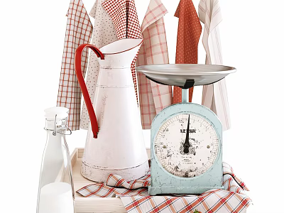 Vintage Kitchenware Display With Blue Scale White Watering Can Red Aprons Milk Bottle Checkered Cloth 3d model