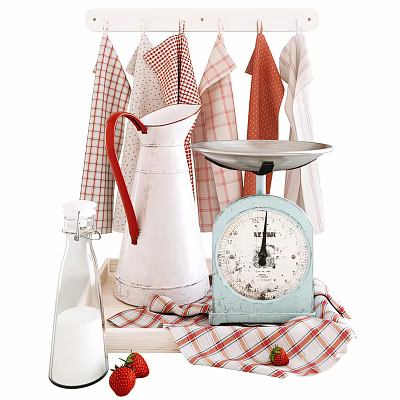 Vintage Kitchenware Display With Blue Scale White Watering Can Red Aprons Milk Bottle Checkered Cloth 3d model