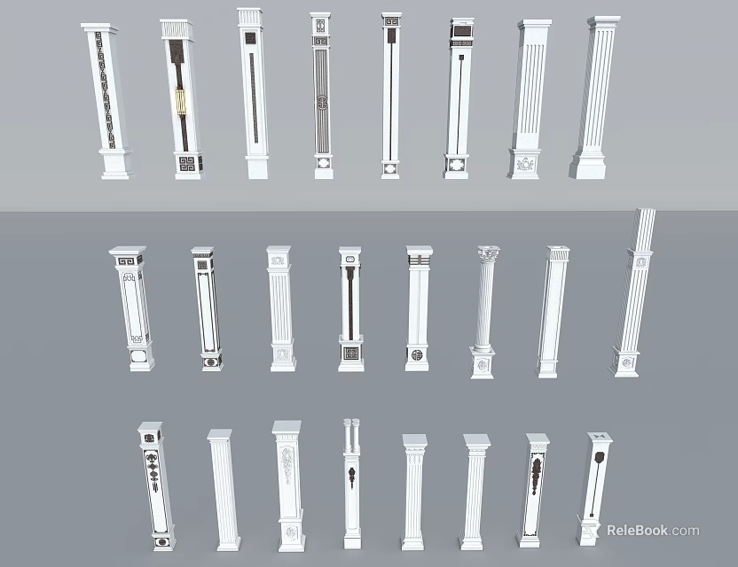 Various Styles Of Architectural Columns With Ornate Designs And Decorative Patterns 3d model 