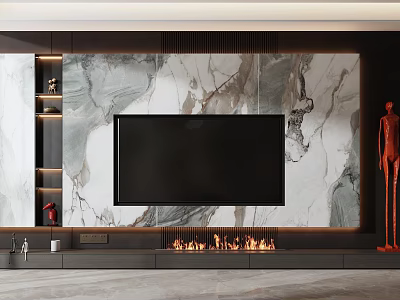 Modern TV Background Wall with Marble Texture Shelves and Fireplace Flames 3d model