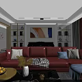 Spacious Living and Dining Room Interior With Red Sofa Coffee Table Large Windows and Bookshelf