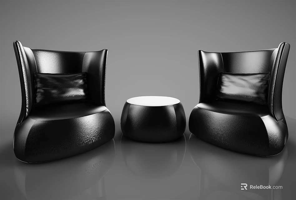 Modern Black Leather Leisure Sofa Set With Two Armchairs And Round Coffee Table 3d model 