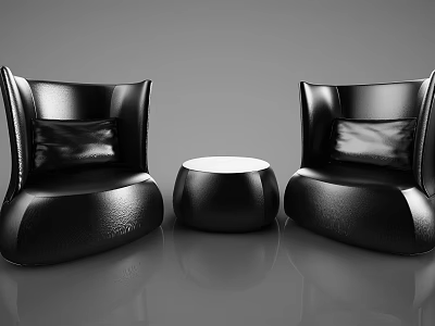 Modern Black Leather Leisure Sofa Set With Two Armchairs And Round Coffee Table 3d model