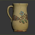 Decorative Beige Clay Jug With Hand Painted Floral And Feather Patterns 3d model