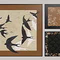 Decorative Paintings With Swallow Floral And Geometric Patterns In Brown Black Frames