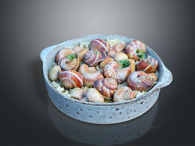 Snail Dish Served In Speckled White Bowl With Herbs And Vegetables 3d model