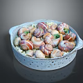 Snail Dish Served In Speckled White Bowl With Herbs And Vegetables