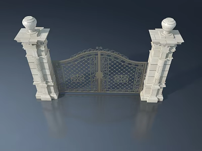 Ornate Wrought Iron Swing Gate With Decorative Design And Stone Pillars 3d model