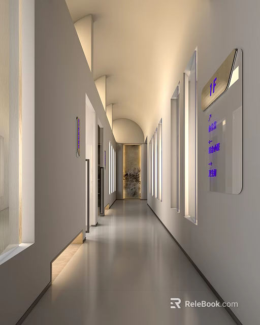 Modern Elevator Hallway Interior Design With Lighting Fixtures And Directional Signs 3d model 