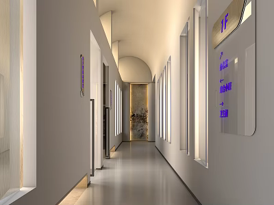 Modern Elevator Hallway Interior Design With Lighting Fixtures And Directional Signs 3d model