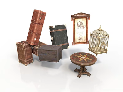 Vintage Decorative Objects Including Old Trunks Birdcage And Compass Pattern Table 3d model