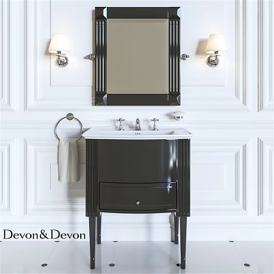 Elegant Bathroom Vanity With Black Mirror Wall Sconces And White Paneled Walls 3d model
