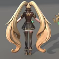 Game Movie Character With Blonde Twin Ponytails Brown White Outfit Short Skirt Mechanical Weapon Accessory
