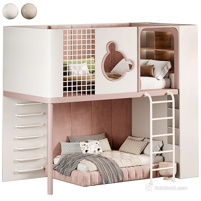 Pink And White Bunk Bed For Kids Bedroom Design 3d model 