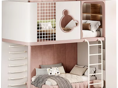 Pink And White Bunk Bed For Kids Bedroom Design 3d model
