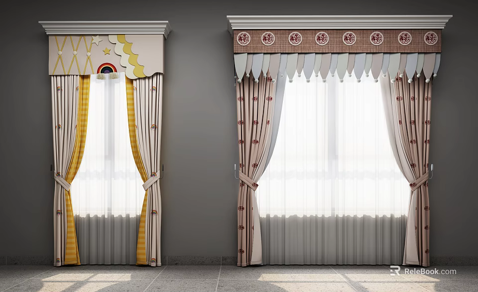Pleated Window Curtains With Moon Star Motifs Circular Patterns And Colorful Tied Bands 3d model 