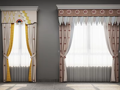 Pleated Window Curtains With Moon Star Motifs Circular Patterns And Colorful Tied Bands 3d model
