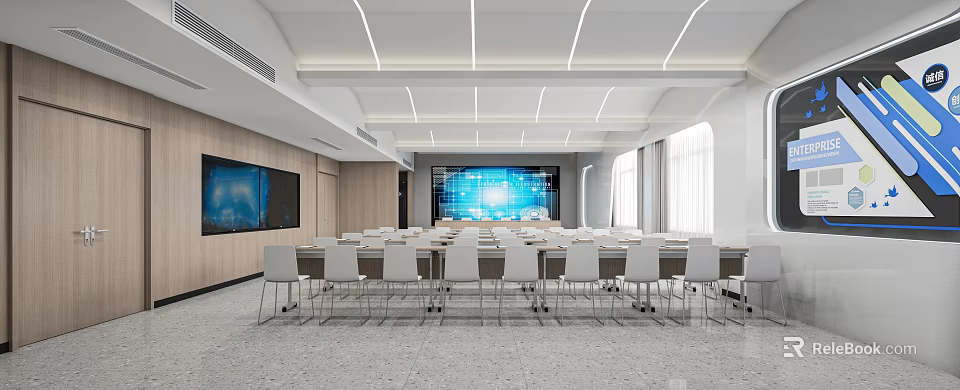 Modern Conference Room Interior With Large Screen Wooden Wall And Linear Ceiling Lights 3d model 