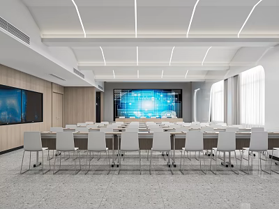 Modern Conference Room Interior With Large Screen Wooden Wall And Linear Ceiling Lights 3d model