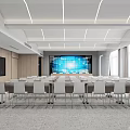 Modern Conference Room Interior With Large Screen Wooden Wall And Linear Ceiling Lights