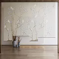 Wooden Blinds With Floral Pattern In Modern Interior Wooden Floor And Vase Decoration