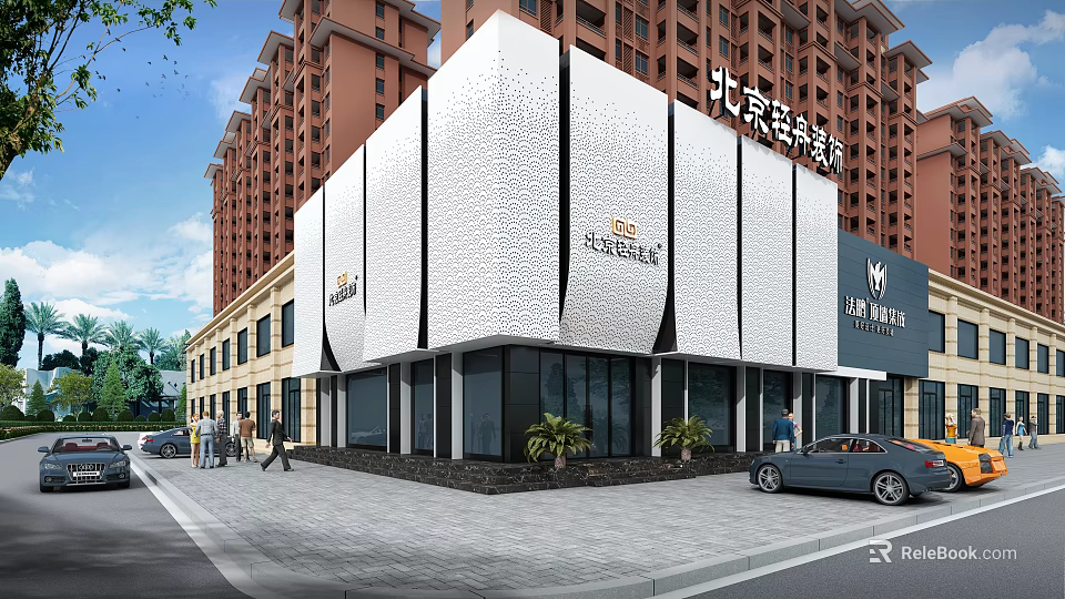 Modern Commercial Complex With Textured Facade Glass Windows And Urban Pedestrians 3d model