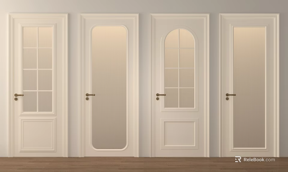 White Hinged Doors With Various Glass Panel Designs And Golden Handles In Modern Interior 3d model 
