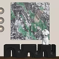 Abstract Green Black Painting With White Sculpture And Black Cabinet Circular Wall Lamps On Wall