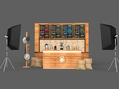 Functional Mobile Coffee Cart With Wooden Display Shelves And Brewing Equipment 3d model