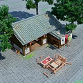 Traditional Ancient Architecture With Wooden Structure Green Tiled Roof And Courtyard Furniture
