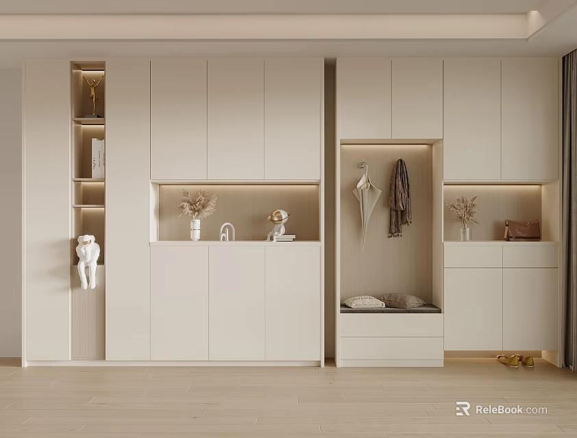 Modern White Shoe Cabinet With Storage Cabinets Hooks And Decorative Vases 3d model 