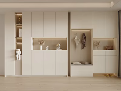 Modern White Shoe Cabinet With Storage Cabinets Hooks And Decorative Vases 3d model