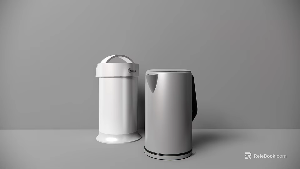 Contemporary Daily Household Appliances White Trash Bin and Silver Electric Kettle 3d model 