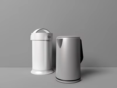 Contemporary Daily Household Appliances White Trash Bin and Silver Electric Kettle 3d model