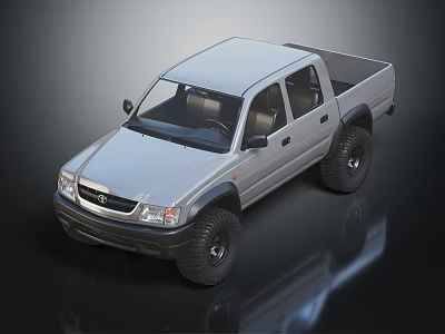 Toyota Silver Four Door Pickup Truck With Off Road Tires And Cab Bed 3d model