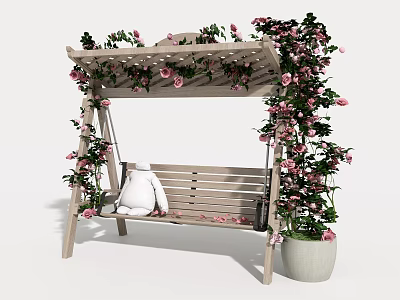 Outdoor Play Equipment Wooden Swing With Vine Decorations Pink Flowers And Plush Toy 3d model