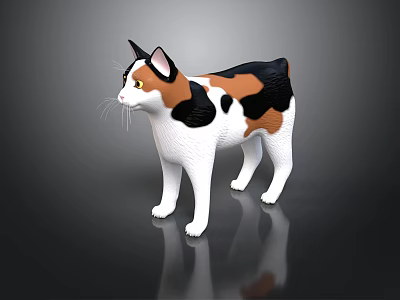 Three Colored Cat Figurine 3D Model in Standing Pose with Gray Background and Reflective Surface 3d model