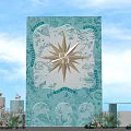 Blue Check-in Backdrop With Golden Star Pattern And Decorative Flowers White Cakes