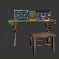 Wooden Stool Next To Vintage Control Panels On Wooden Table With Rifle
