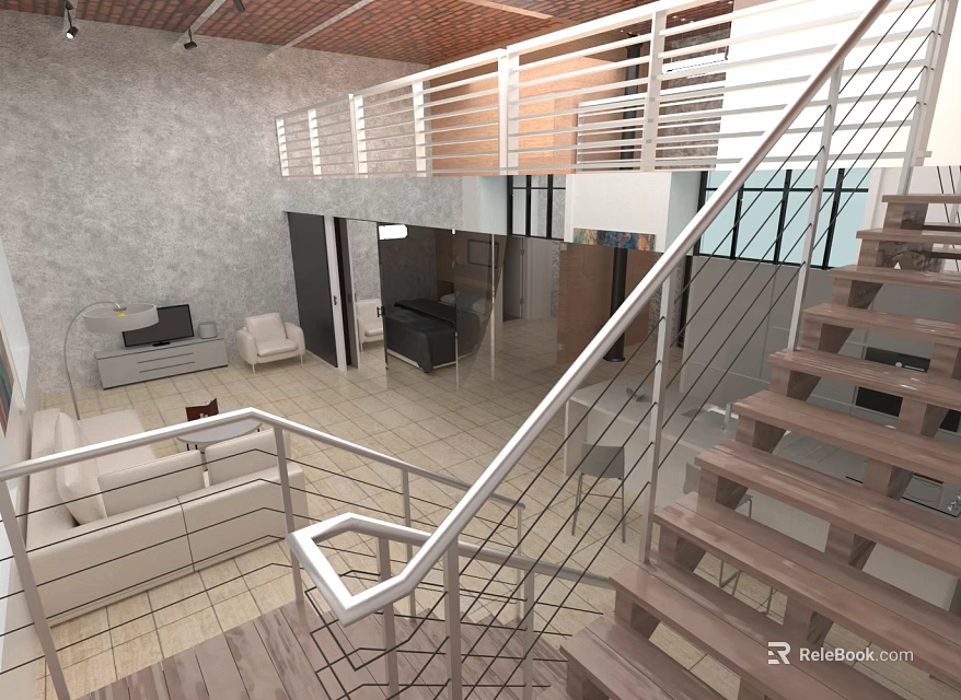 Modern Apartment Interior With Open Layout Staircase Sofa TV And Wooden Ceiling Railings 3d model 