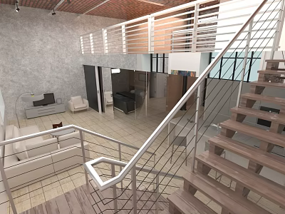 Modern Apartment Interior With Open Layout Staircase Sofa TV And Wooden Ceiling Railings 3d model