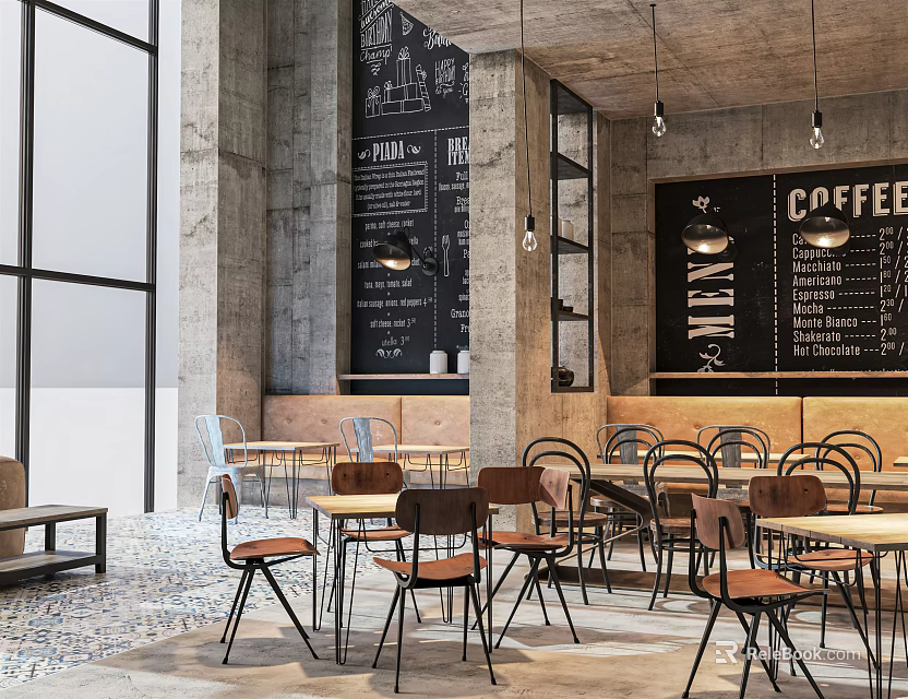 Modern Café Interior With Large Windows Concrete Walls Blackboard Menu And Wooden Furniture 3d model 