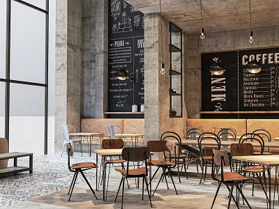 Modern Café Interior With Large Windows Concrete Walls Blackboard Menu And Wooden Furniture 3d model