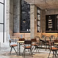 Modern Café Interior With Large Windows Concrete Walls Blackboard Menu And Wooden Furniture